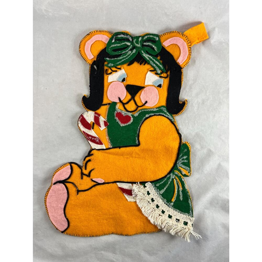 Lion Big Cat Felt Christmas Stocking 16" Anthropomorphic Handsewn Vintage 1960s